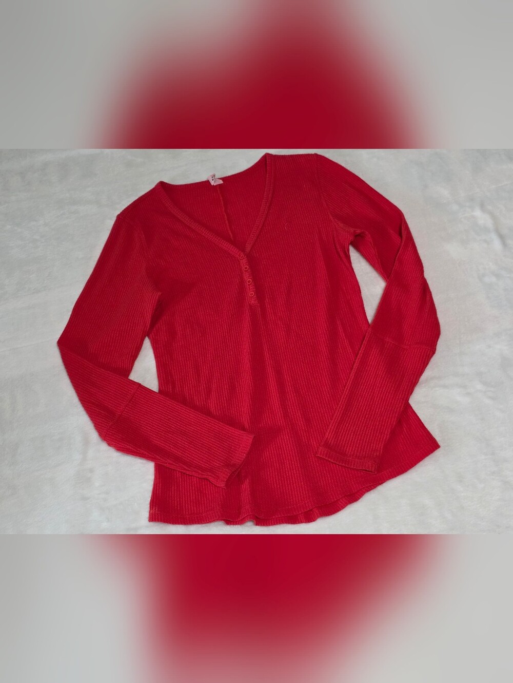 Zyia Active Red Waffle Knit Henley Top Long Sleeve V-Neck Thermal Shirt Womens M